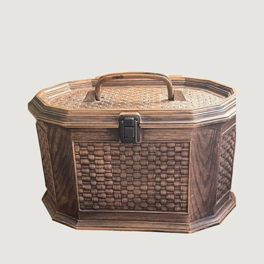 Vintage Lerner Faux Wood Wicker Large Sewing Storage Basket